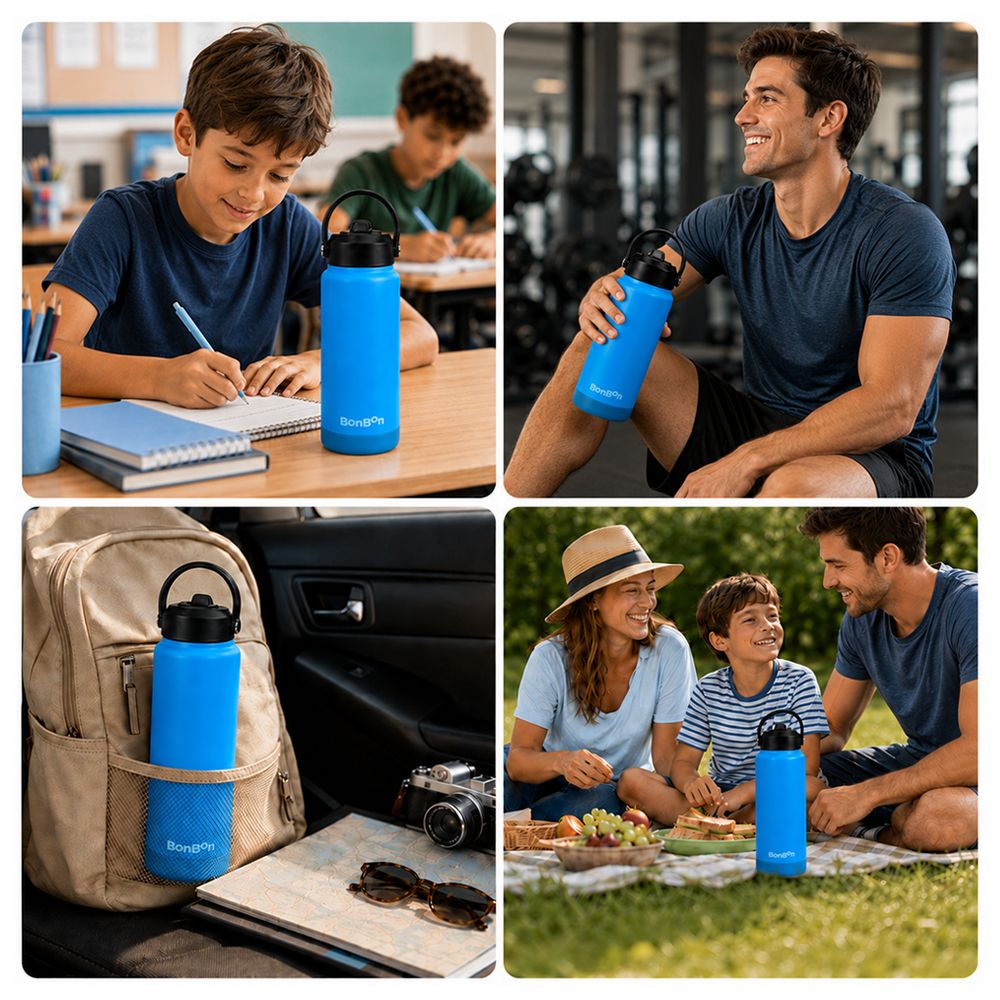 Bonbon - Steel Water Bottle With Straw Lid - Blue - 750 ml
