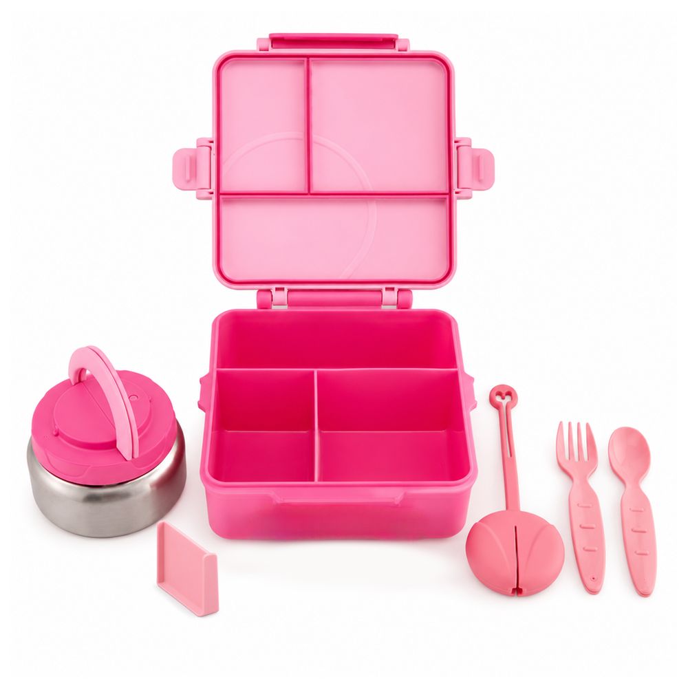 Bonbon - 3/4 Compartment Grand Stripe Lunch Box With Thermos Food Jar - Pink