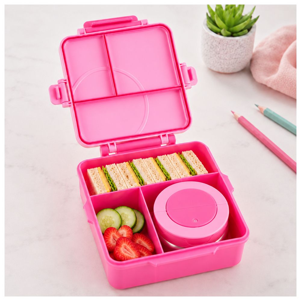 Bonbon - 3/4 Compartment Grand Stripe Lunch Box With Thermos Food Jar - Pink