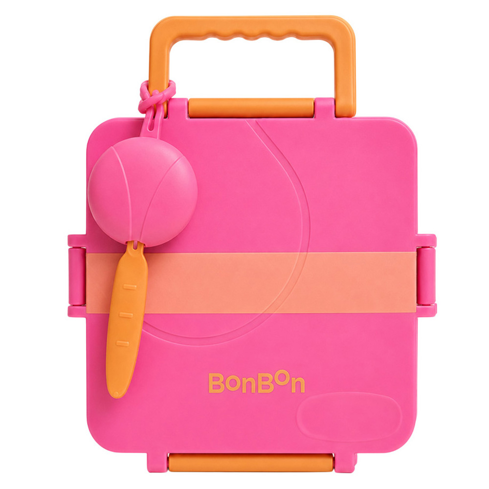 Bonbon - 3/4 Compartment Grand Stripe Lunch Box With Thermos Food Jar - Pink/Orange