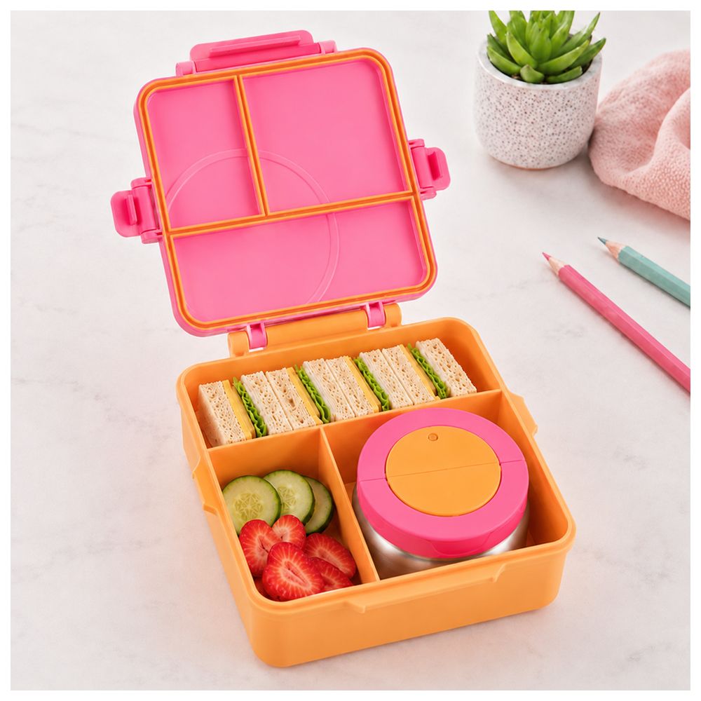 Bonbon - 3/4 Compartment Grand Stripe Lunch Box With Thermos Food Jar - Pink/Orange