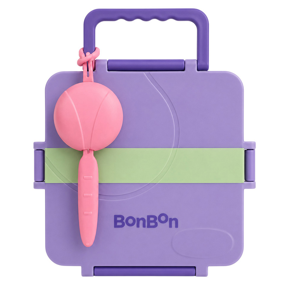 Bonbon - 3/4 Compartment Grand Stripe Lunch Box With Thermos Food Jar - Purple