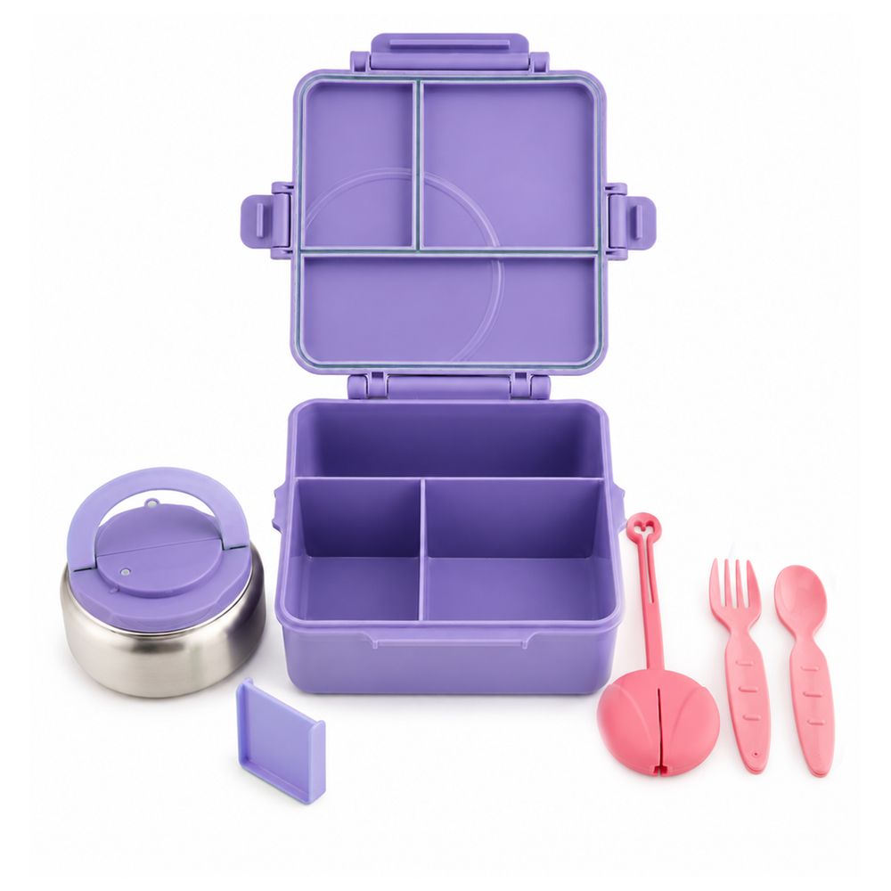 Bonbon - 3/4 Compartment Grand Stripe Lunch Box With Thermos Food Jar - Purple