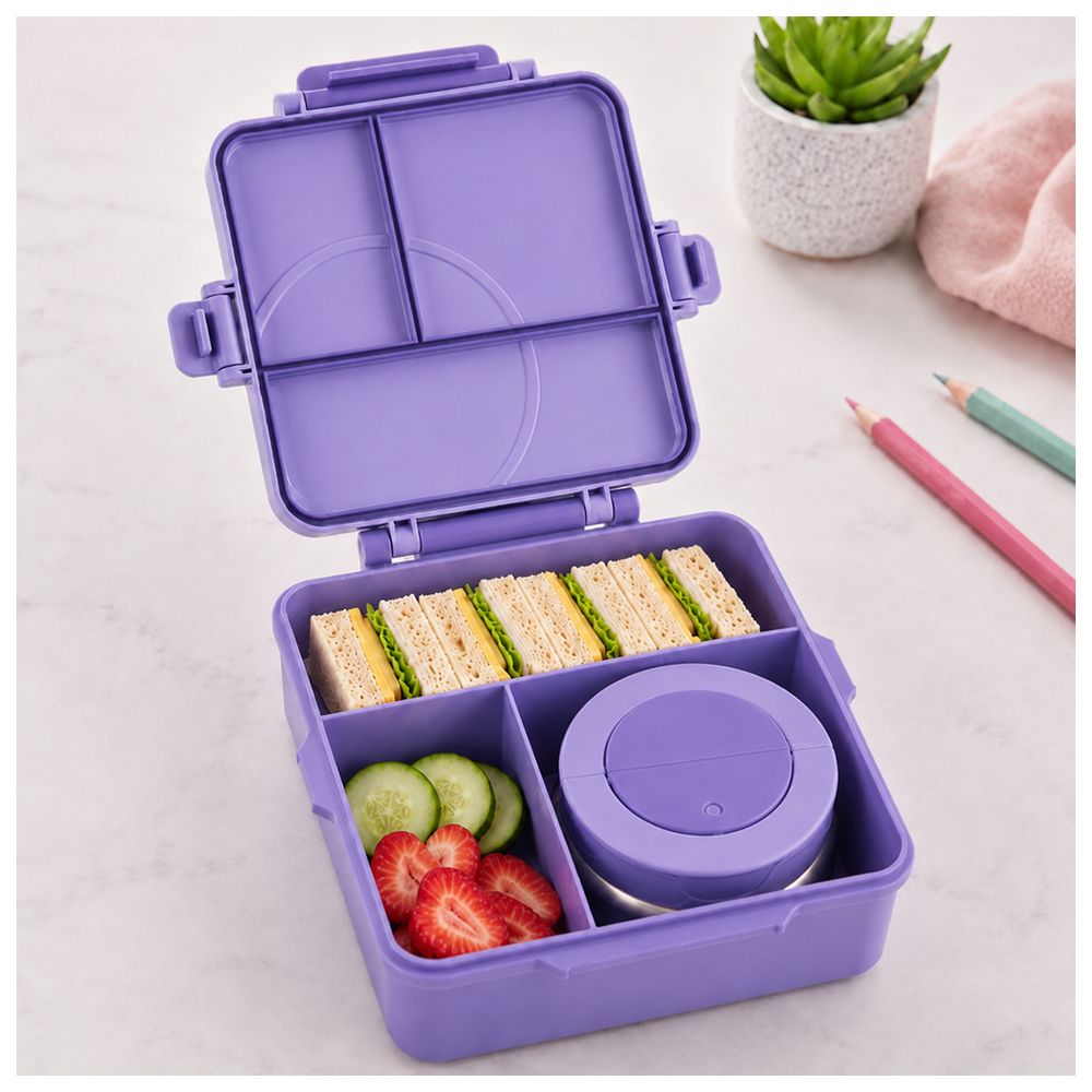 Bonbon - 3/4 Compartment Grand Stripe Lunch Box With Thermos Food Jar - Purple