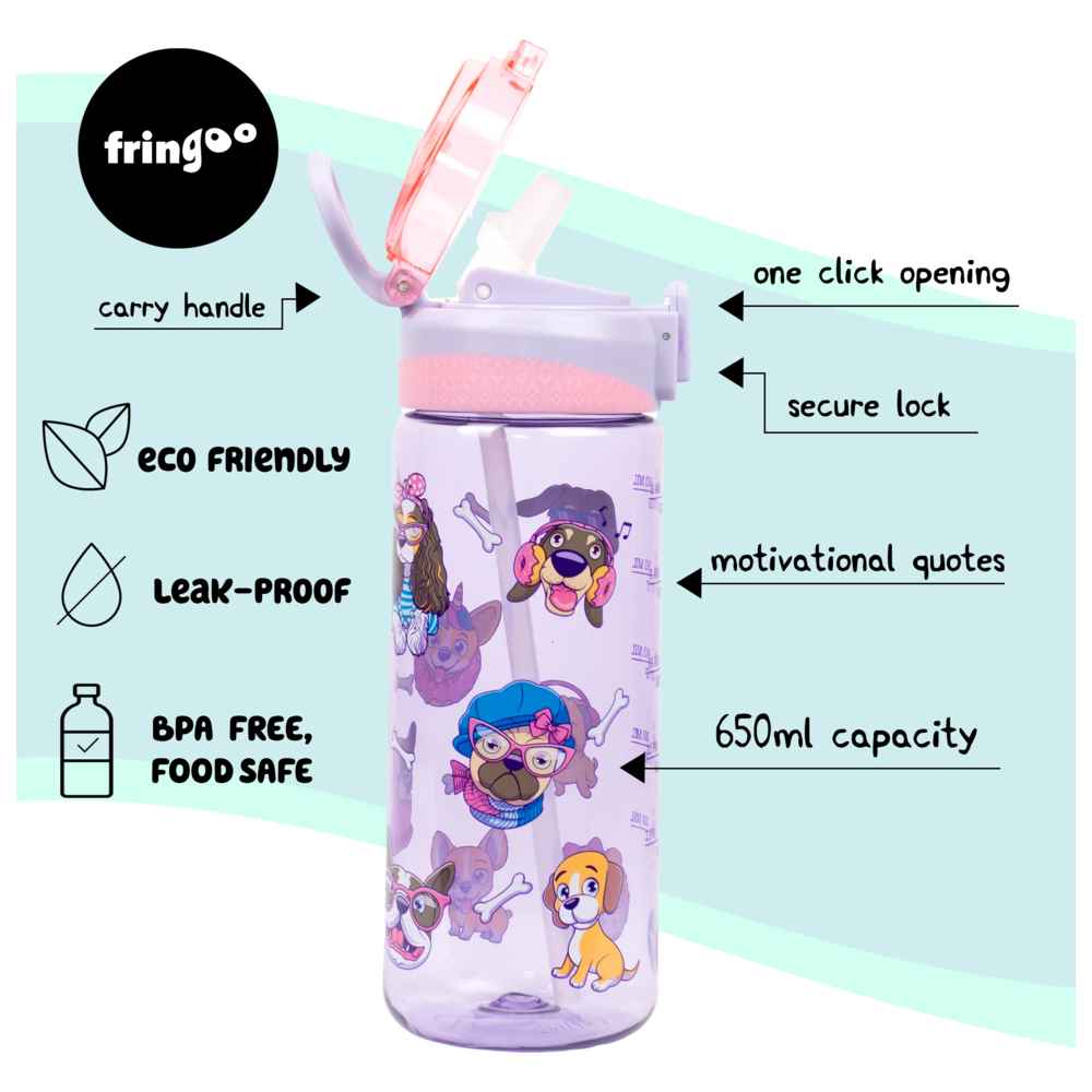 Fringoo - Locked Straw Bottle 650ml - Fancy Dogs