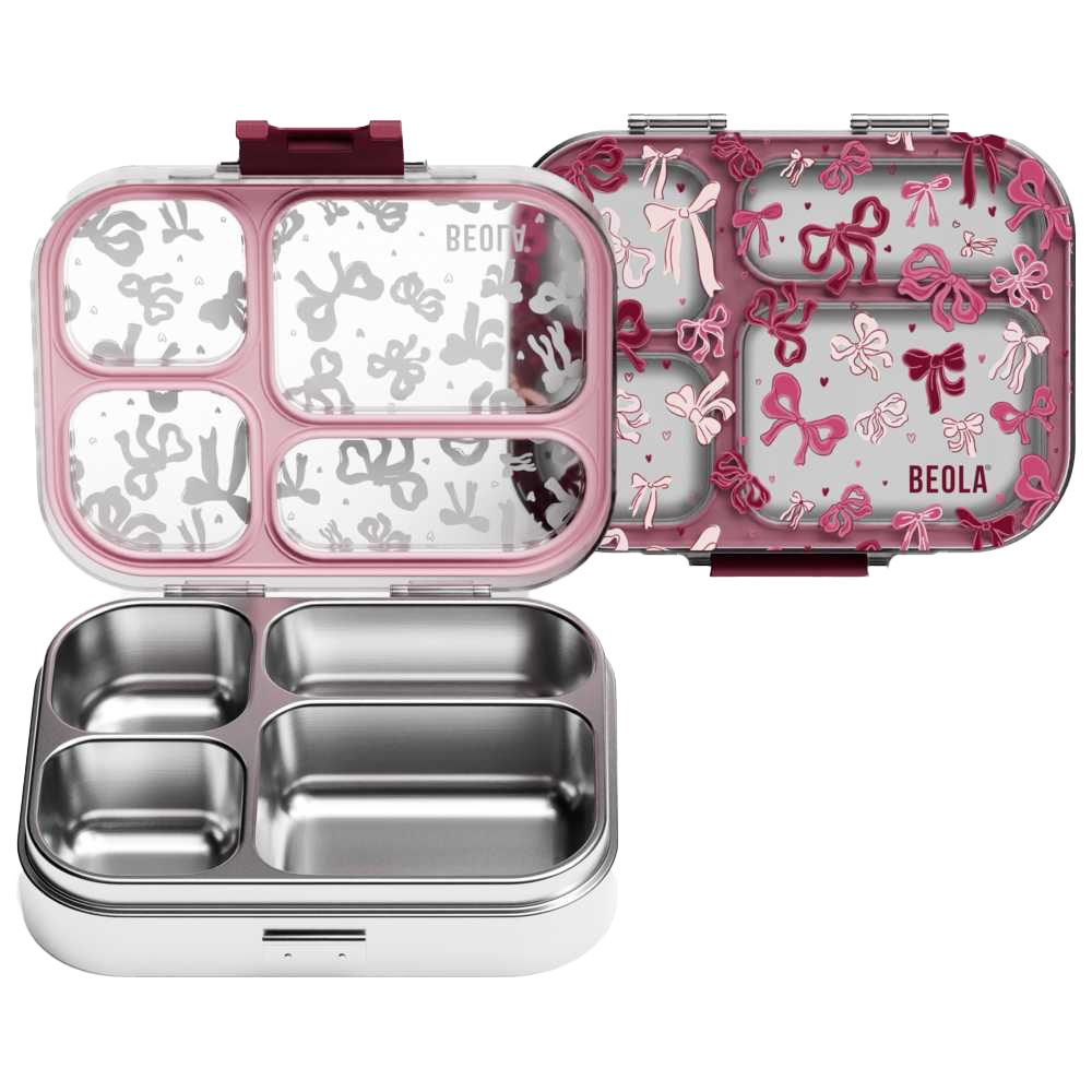 Beola - Stainless Steel 4 Compartment Bento Lunch Box - Blush & Bows