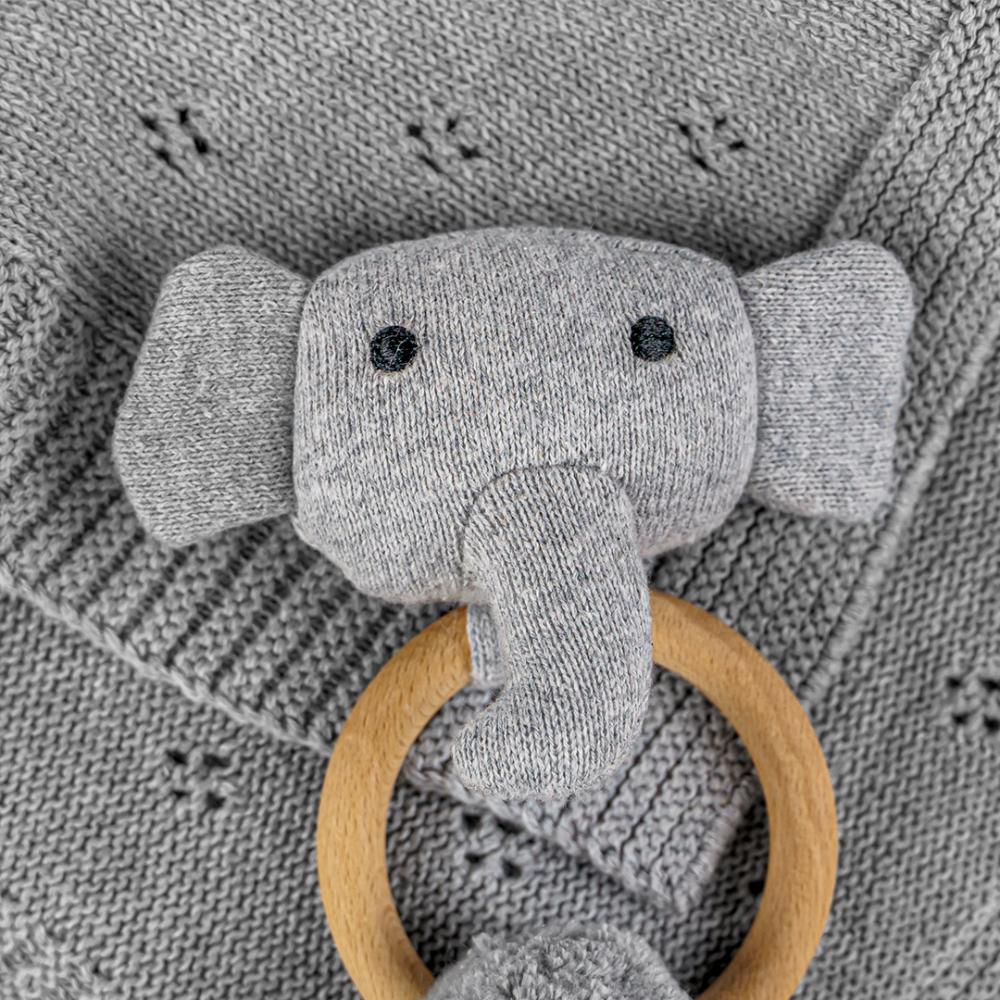 Bumble & Bird Cozy Cocoon Knitted Cotton Blanket - Grey | 100% Organic Swaddle with Attached Rattle Toy