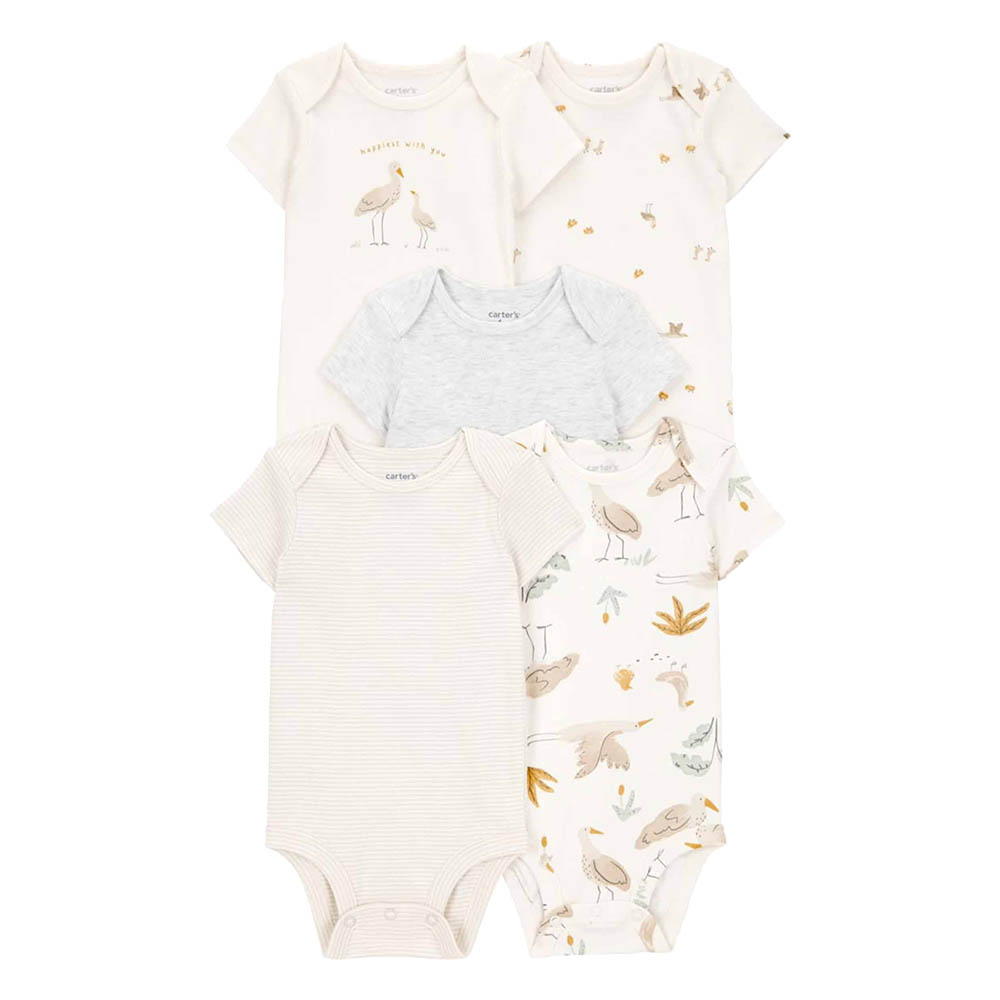 Carter's Baby Short Sleeves Birds Printed Bodysuits - 5 Pcs