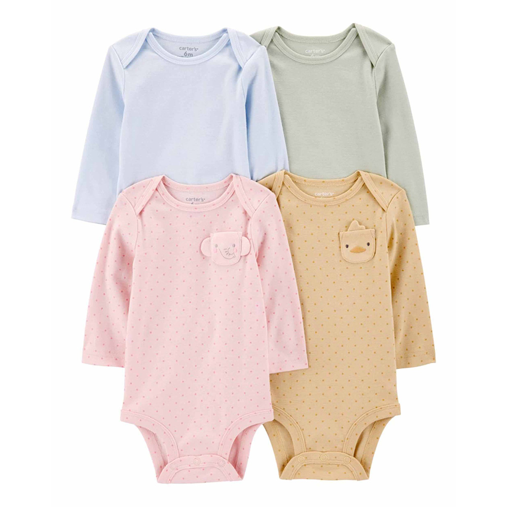 Carter's Baby Girl's Full Sleeves Bodysuit with Animal Face Pocket - 4 Pcs