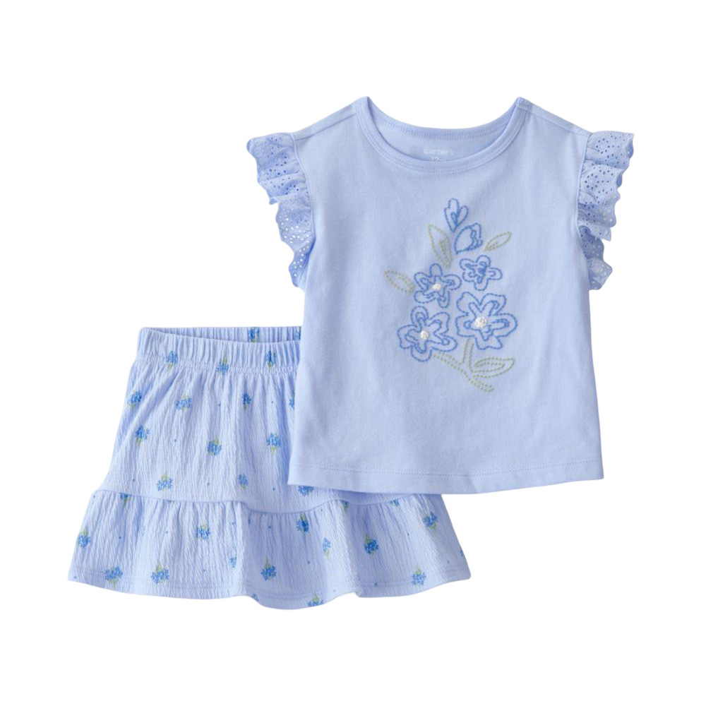 Carter's Baby Girl's Ruffle Sleeves Floral Top and Short Skirt - Purple - 2 Pcs