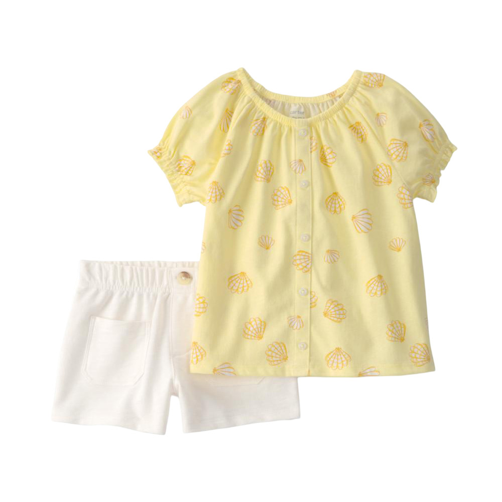Carter's Girl's Puff Sleeves Seashells Printed Top and Shorts - 2 Pcs