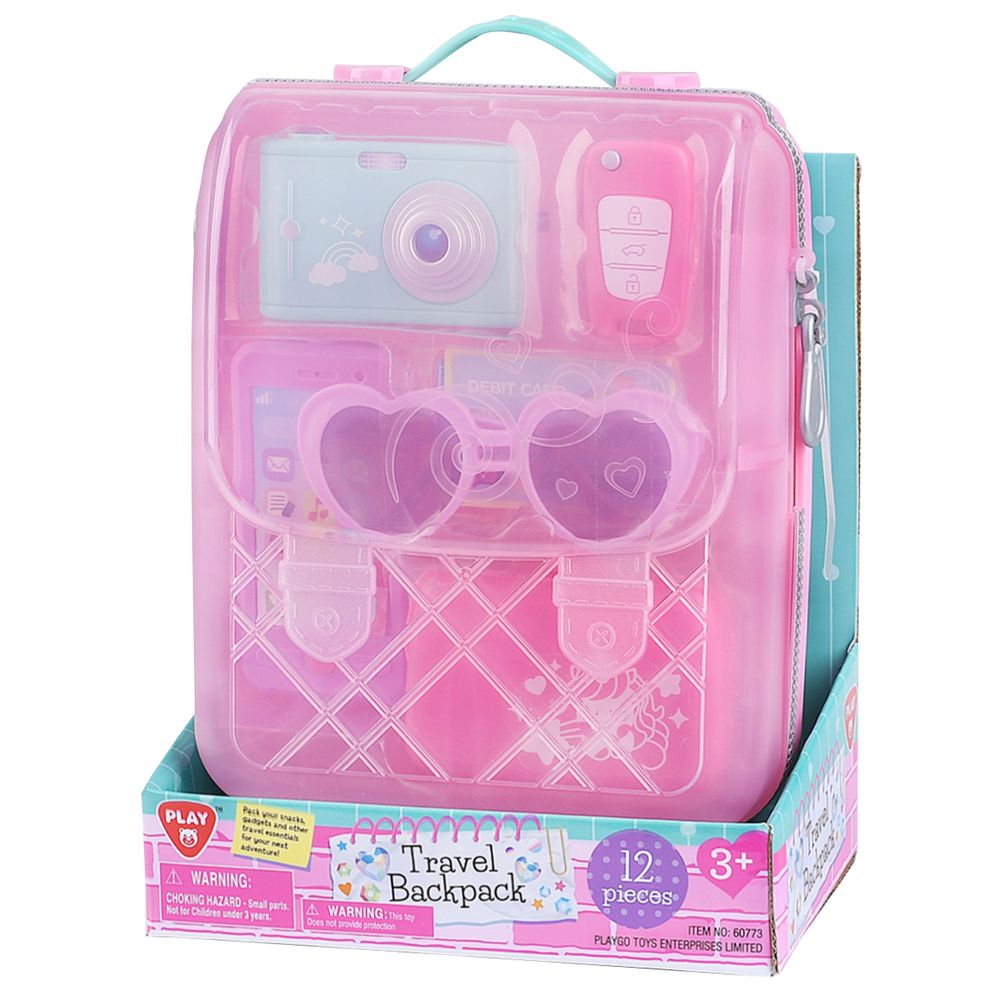 PlayGo - Kids Travel Backpack Pretend Playset - Pink - 12 Pcs