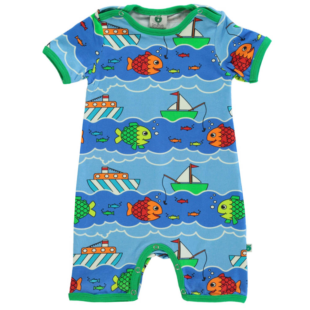 Smafolk Boat and Fish Print Short Sleeve Romper - Blue