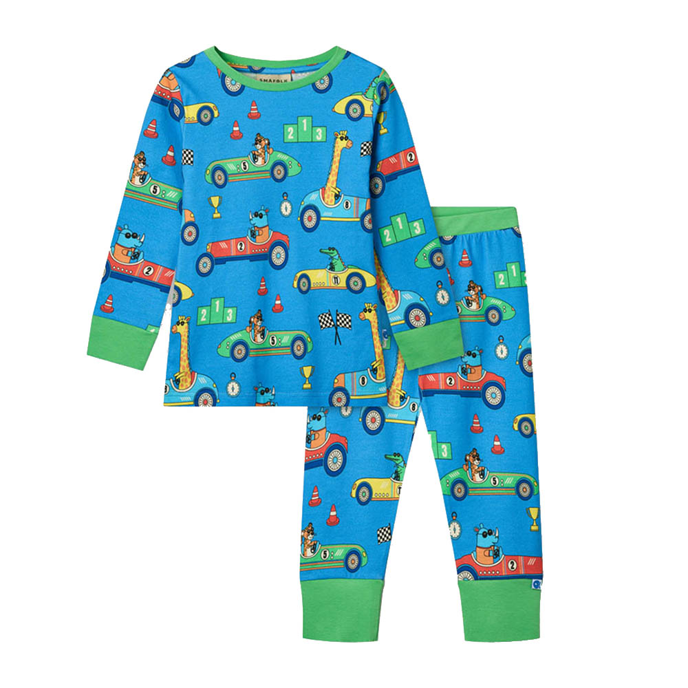 Smafolk Race Cars Print Nightsuit - Blue - 2 Pcs