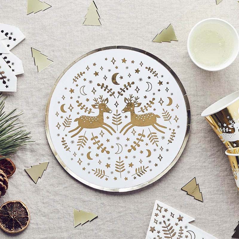 Hootyballoo - Reindeer Gold Foil Paper Plates - 8pcs