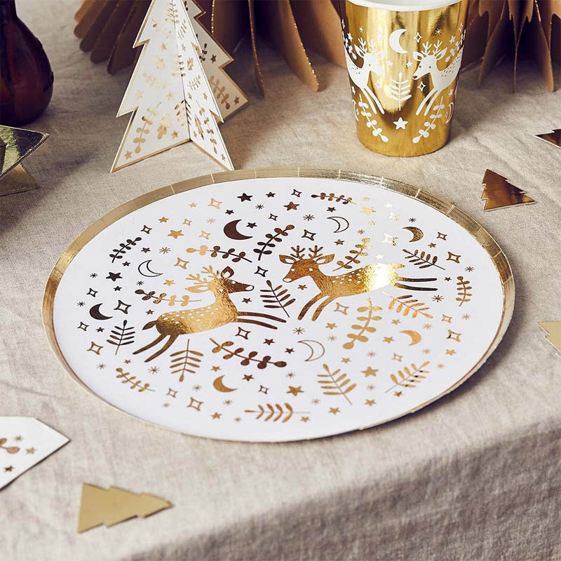 Hootyballoo - Reindeer Gold Foil Paper Plates - 8pcs