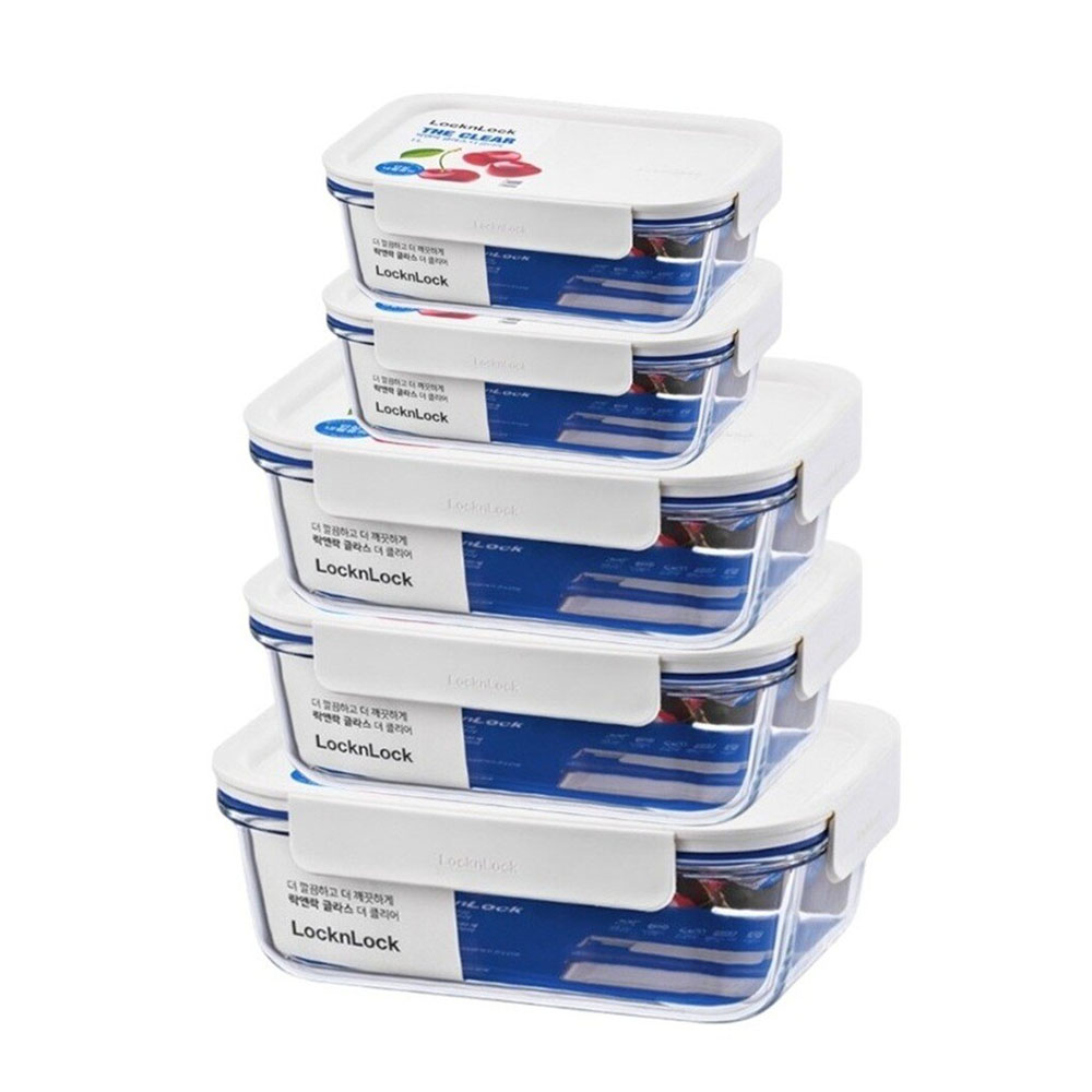 Locknlock - Glass Rectangular Food Container - Clear - 5 Pc Set