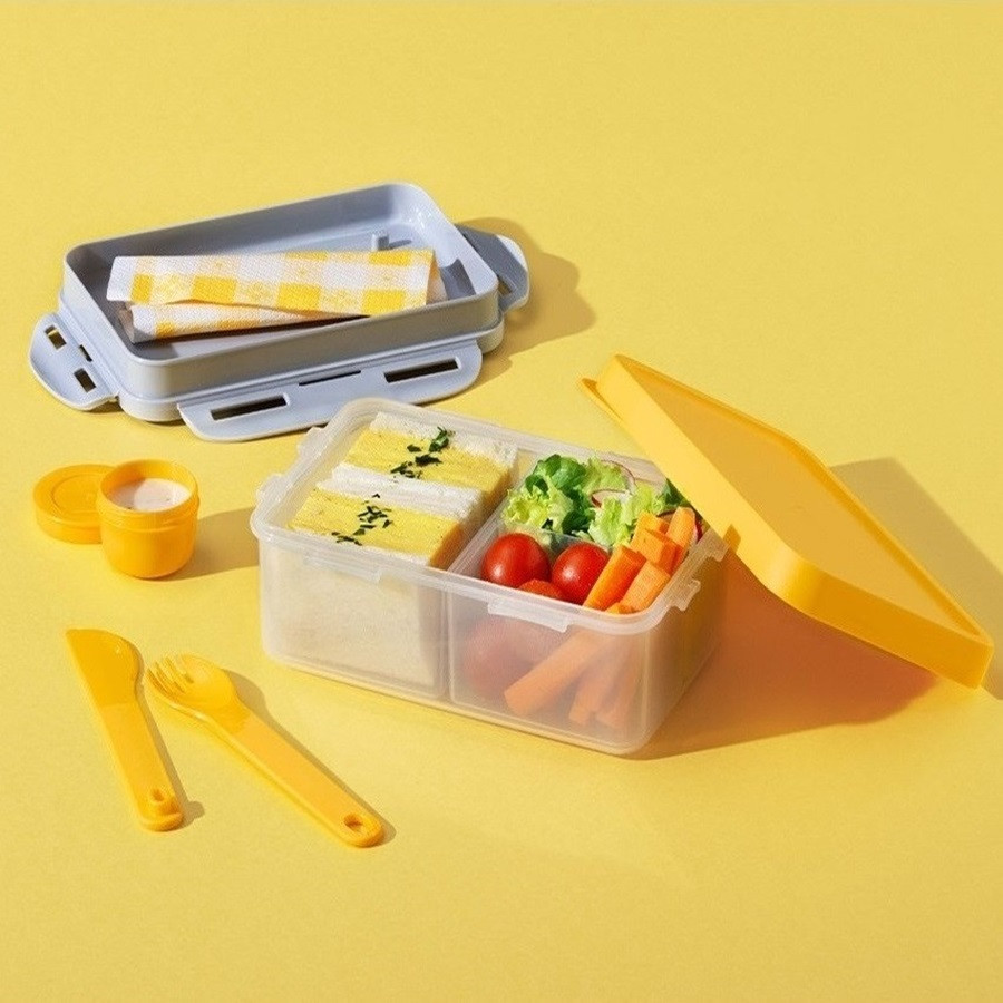 لوك&لوك - صندوق غداء محكم الغلق خالِ من BPA 3 في 1 مع أدوات مائدة - أصفر