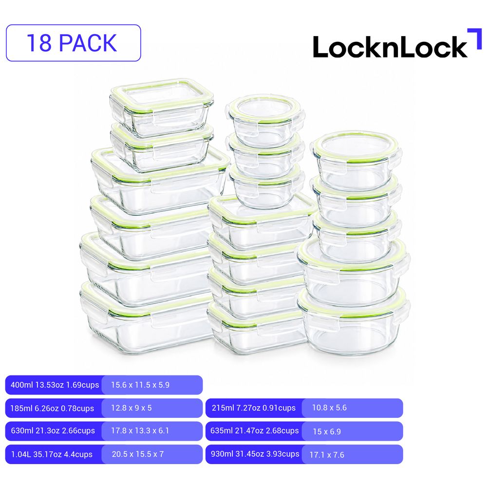 Locknlock - Fresh Oven-Safe Glass Container Set - Clear - 18 Pcs