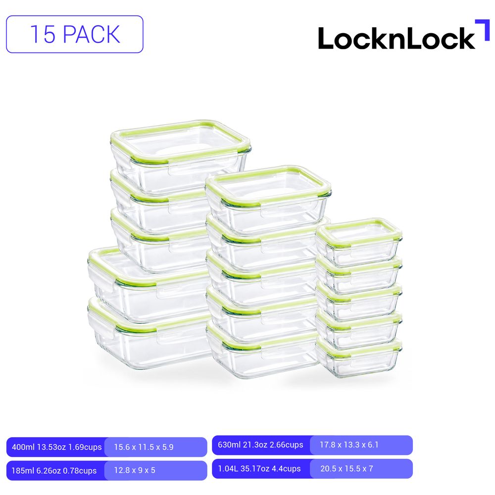 Locknlock - Fresh Oven-Safe Rectangular Glass Container Set - Clear - 15 Pcs
