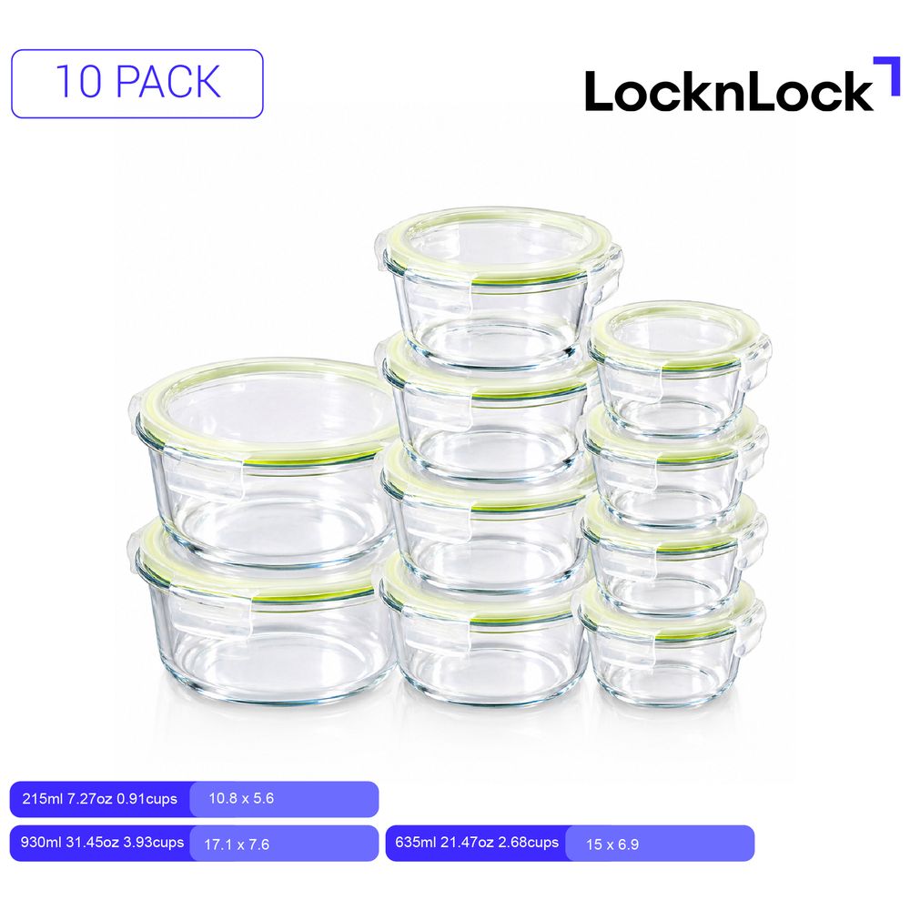 Locknlock - Fresh Oven-Safe Round Glass Container Set - Clear - 10 Pcs