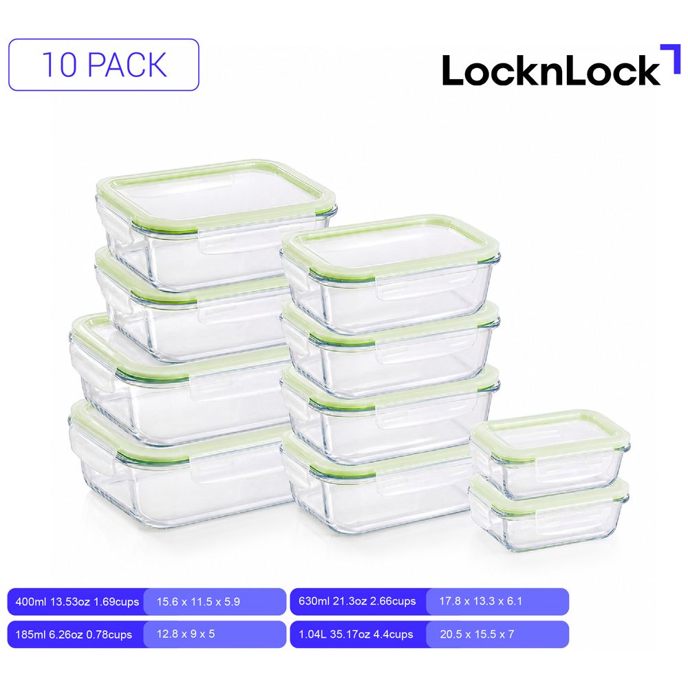 Locknlock - Fresh Oven-Safe Rectangular Glass Container Set - Clear - 10 Pcs