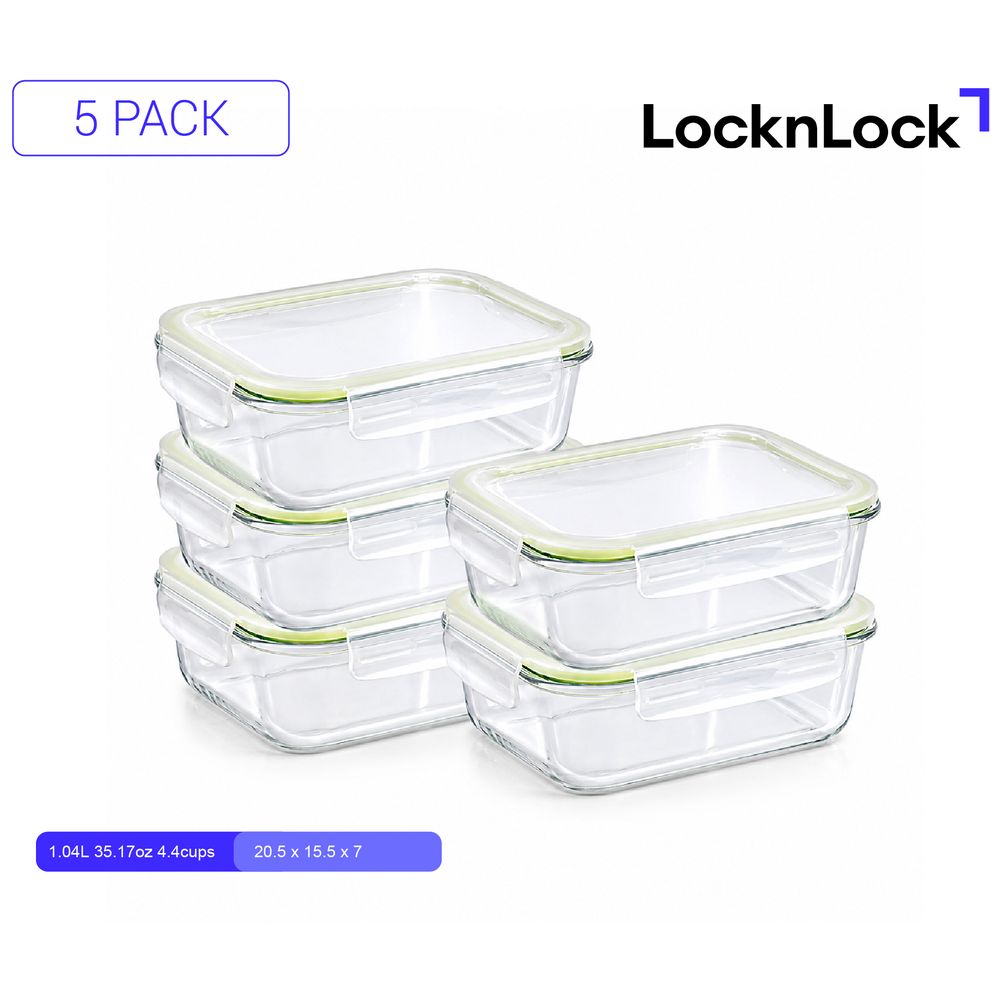 Locknlock - Fresh Oven-Safe Rectangular Glass Container Set - Clear - 5 Pcs - 1.04 L