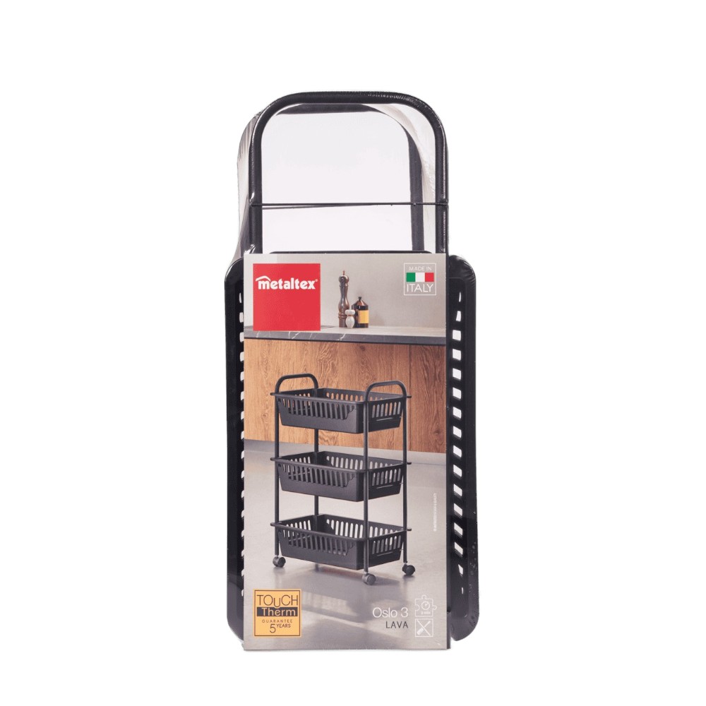 Metaltex - Oslo 3 Layer Multi Purpose Storage Basket - Rolling Cart With 360 Spinner Wheels - Touch Therm - Coating And Pp Baskets - Lava