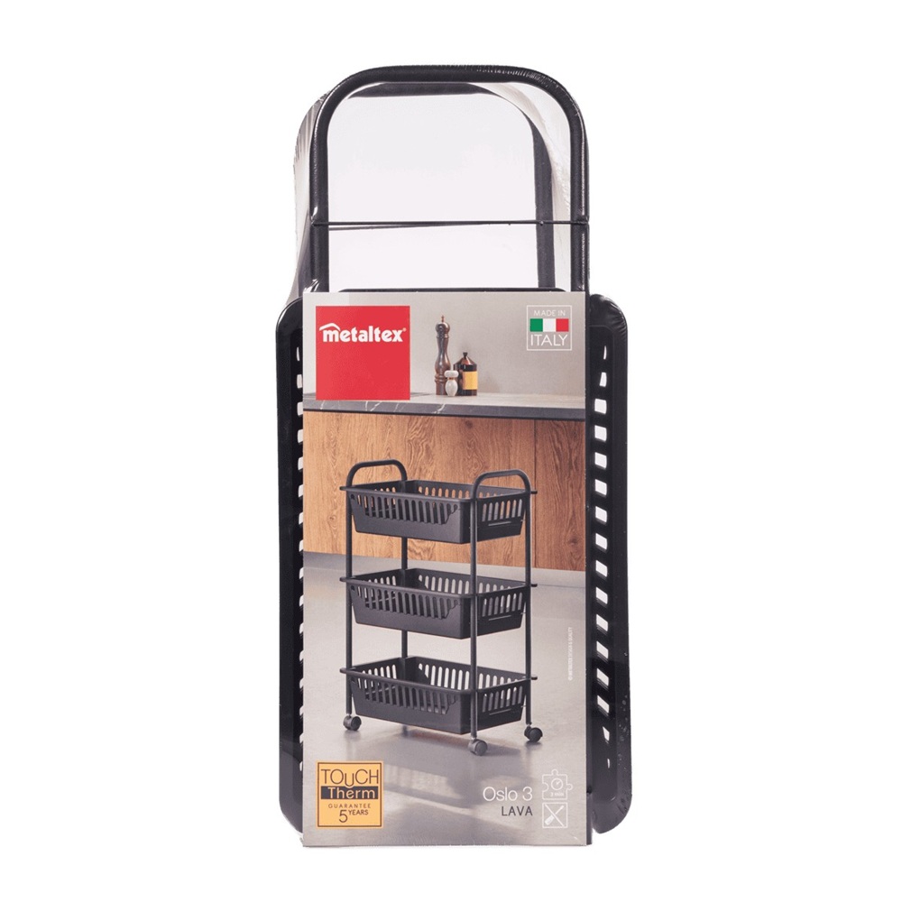 Metaltex - Oslo 3 Layer Multi Purpose Storage Basket - Rolling Cart With 360 Spinner Wheels - Touch Therm - Coating And Pp Baskets - Lava