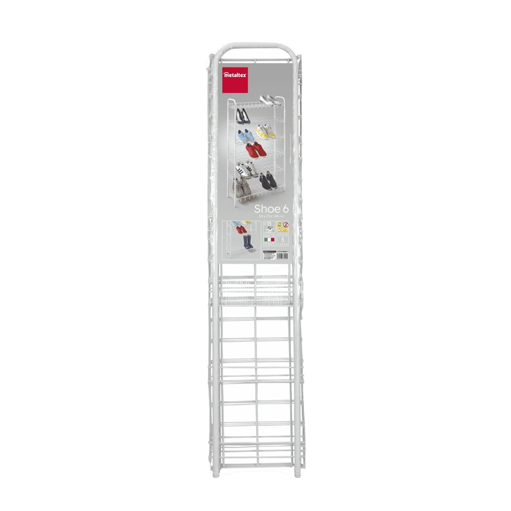 Metaltex - 6 Tier Shoe Rack - White Shoe Organizer With Durable Ldpe Plastic Coating - Space-saving Storage For Up To 18 Pairs