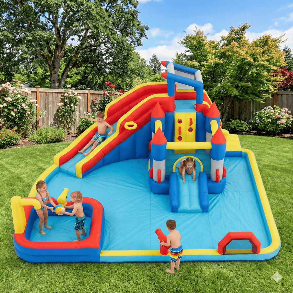 Myts - Kids Giant Inflatable Castle Water Park With Double Slide, Splash Pool And Climbing Wall