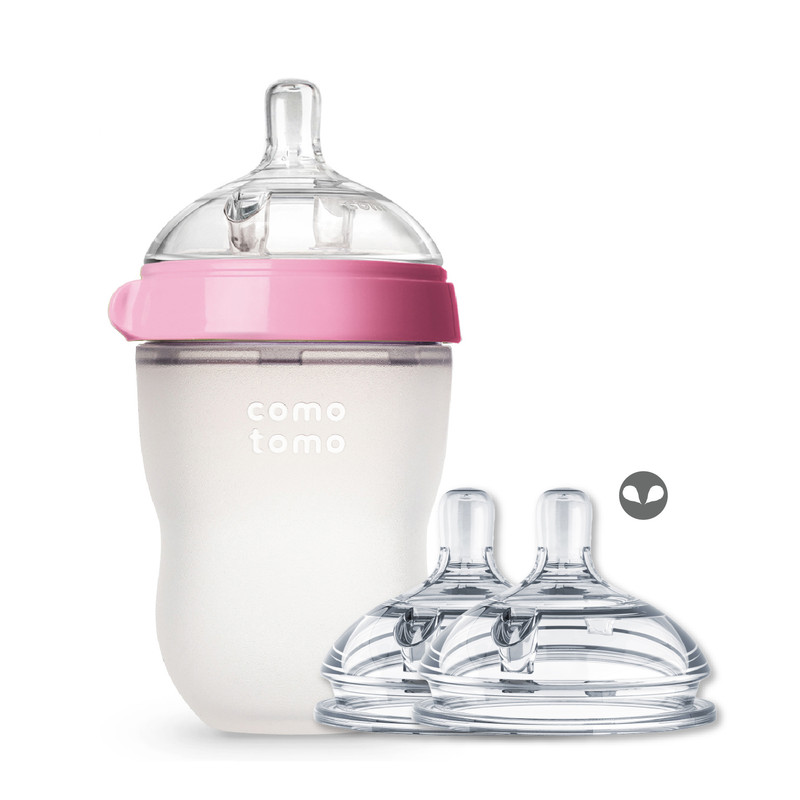 Comotomo - Natural Feel Baby Feeding Bottle And Natural Teat Silicone - Medium Flow Nipples Combo - Pink - 250ml