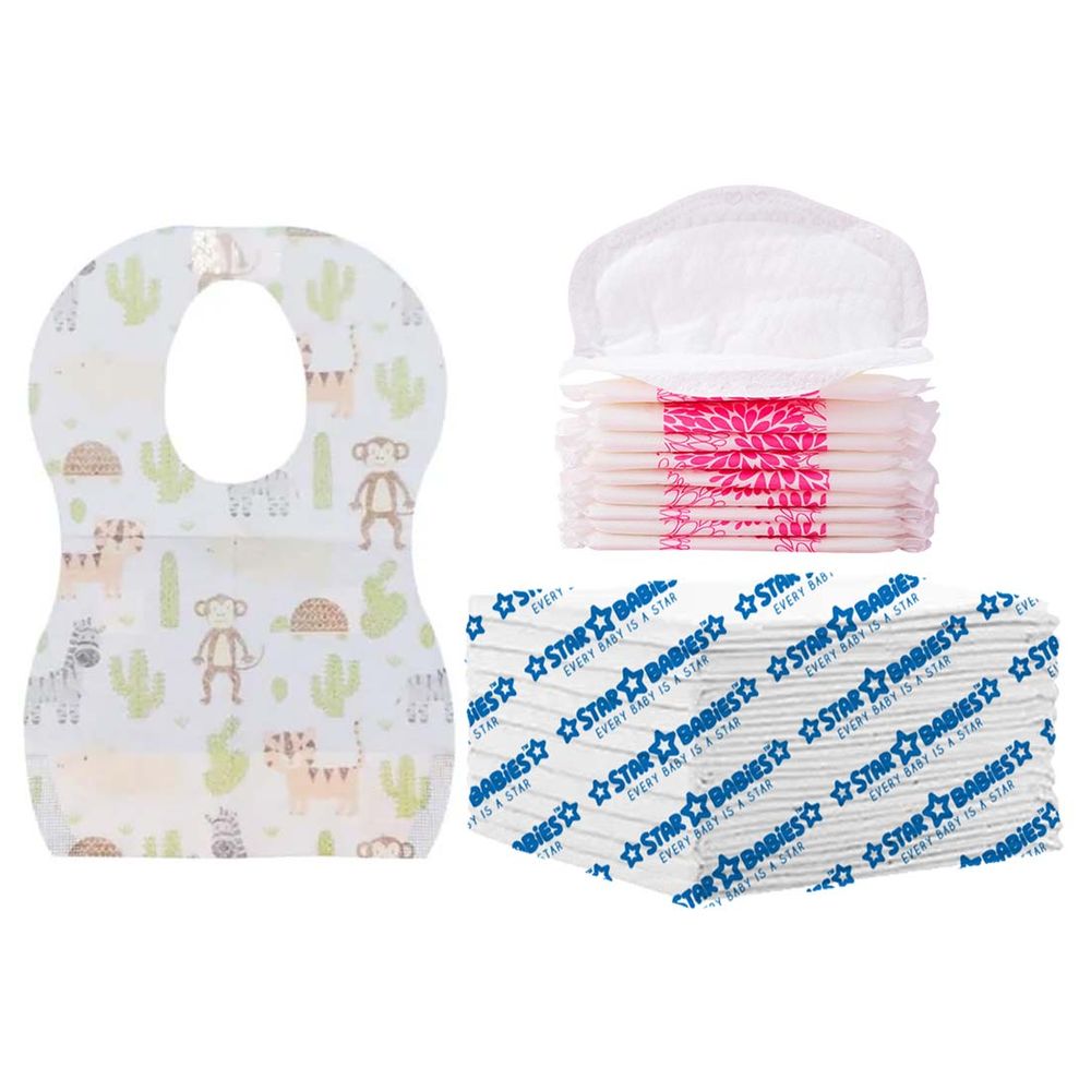 Star Babies - Disposable Changing Mat 10pcs, Breast Pad 10pcs, Bibs 10pcs - White