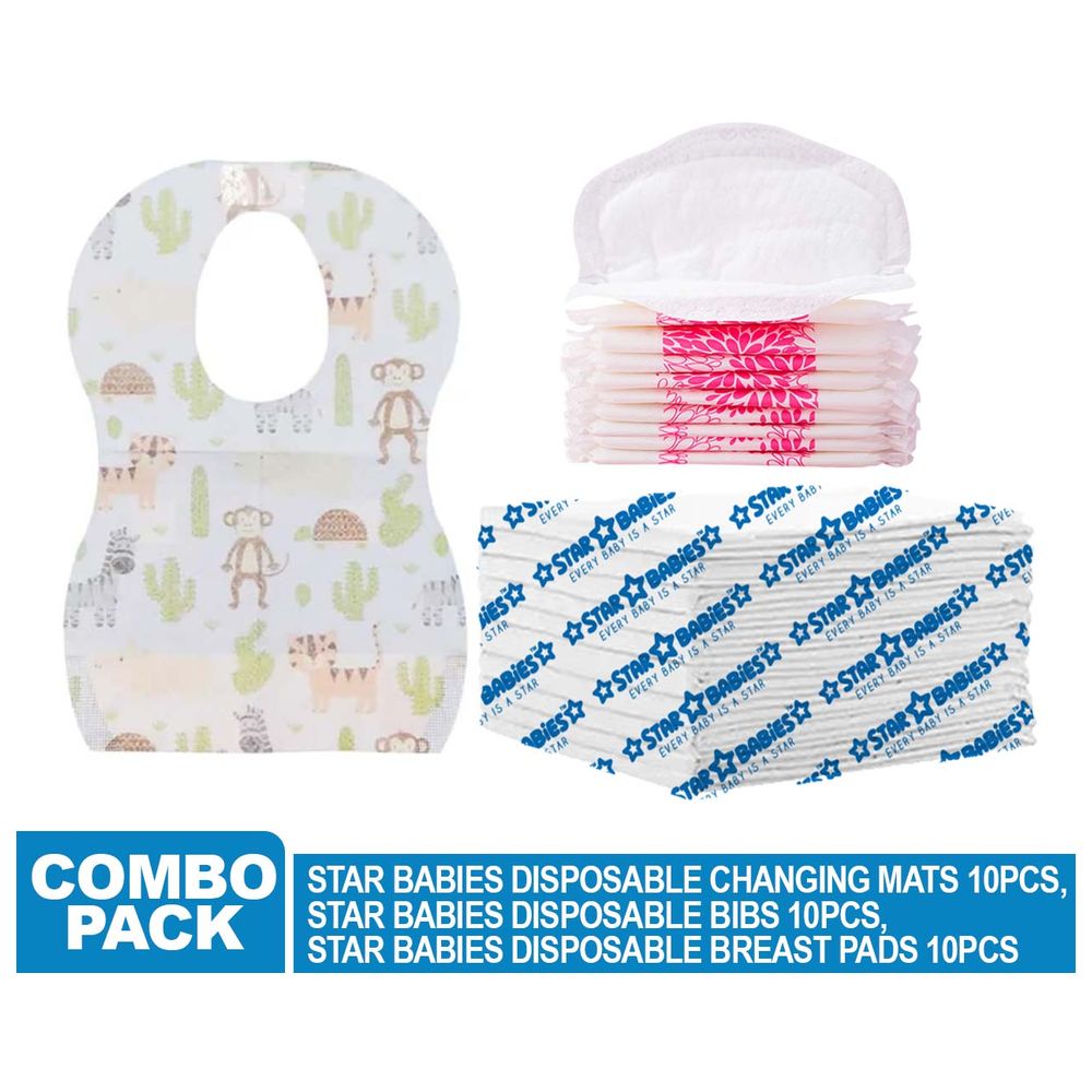 Star Babies - Disposable Changing Mat 10pcs, Breast Pad 10pcs, Bibs 10pcs - White