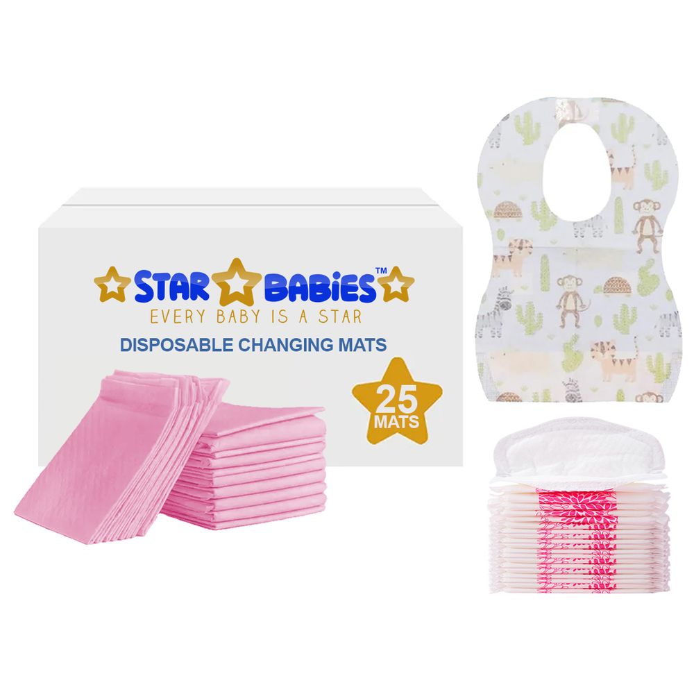 Star Babies - Changing Mat 25pcs With Breast Pad 25pcs & Disposable Bibs 25pcs - Pink