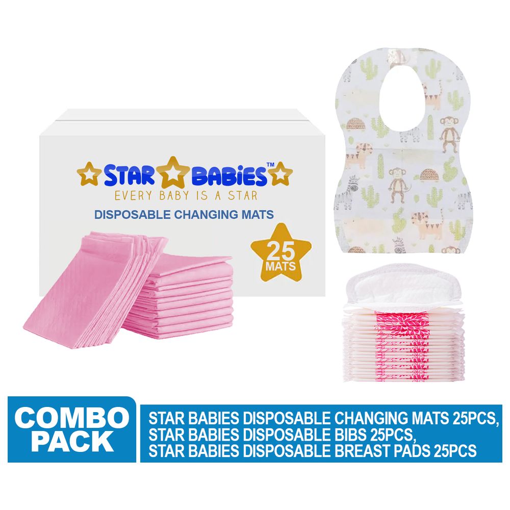 Star Babies - Changing Mat 25pcs With Breast Pad 25pcs & Disposable Bibs 25pcs - Pink