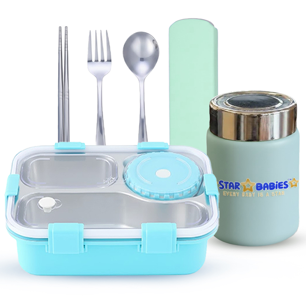 Star Babies Mini Vacuum Flask With Lunch Box & Stainless Steel Cutlery Set - Pack Of 3