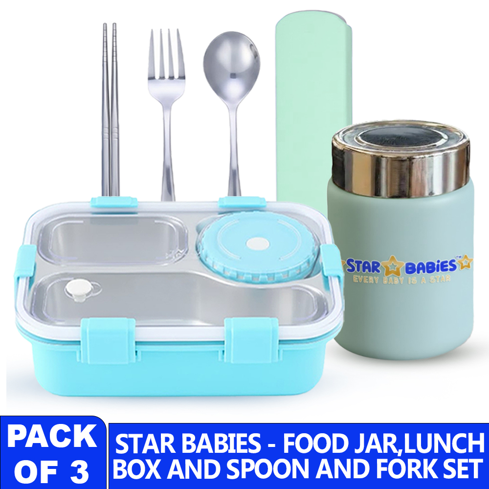 Star Babies Mini Vacuum Flask With Lunch Box & Stainless Steel Cutlery Set - Pack Of 3