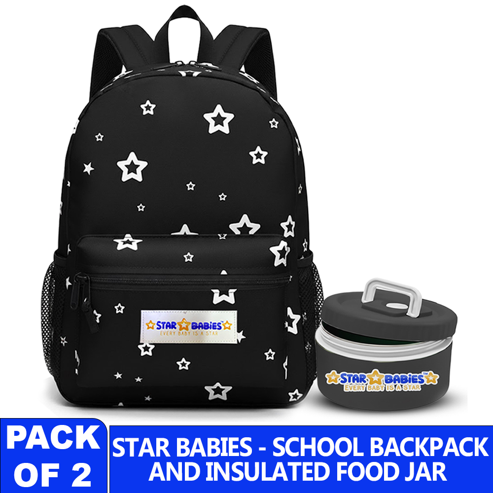 Star Babies Star Printed Backpack - Black - 16-Inch With Food Jar
