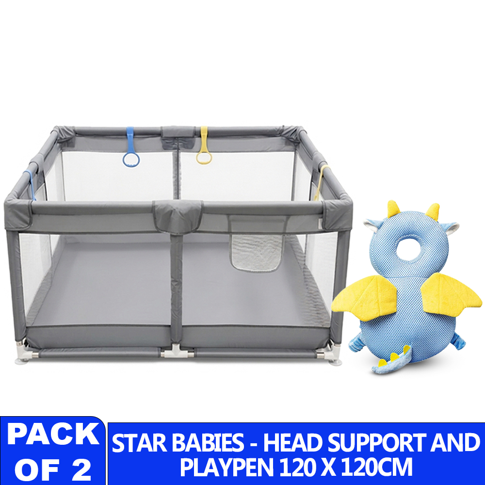 Star Babies - Baby Playpen With 4 Pull-Up Rings & Head Support Cushion Set - 2 Pcs