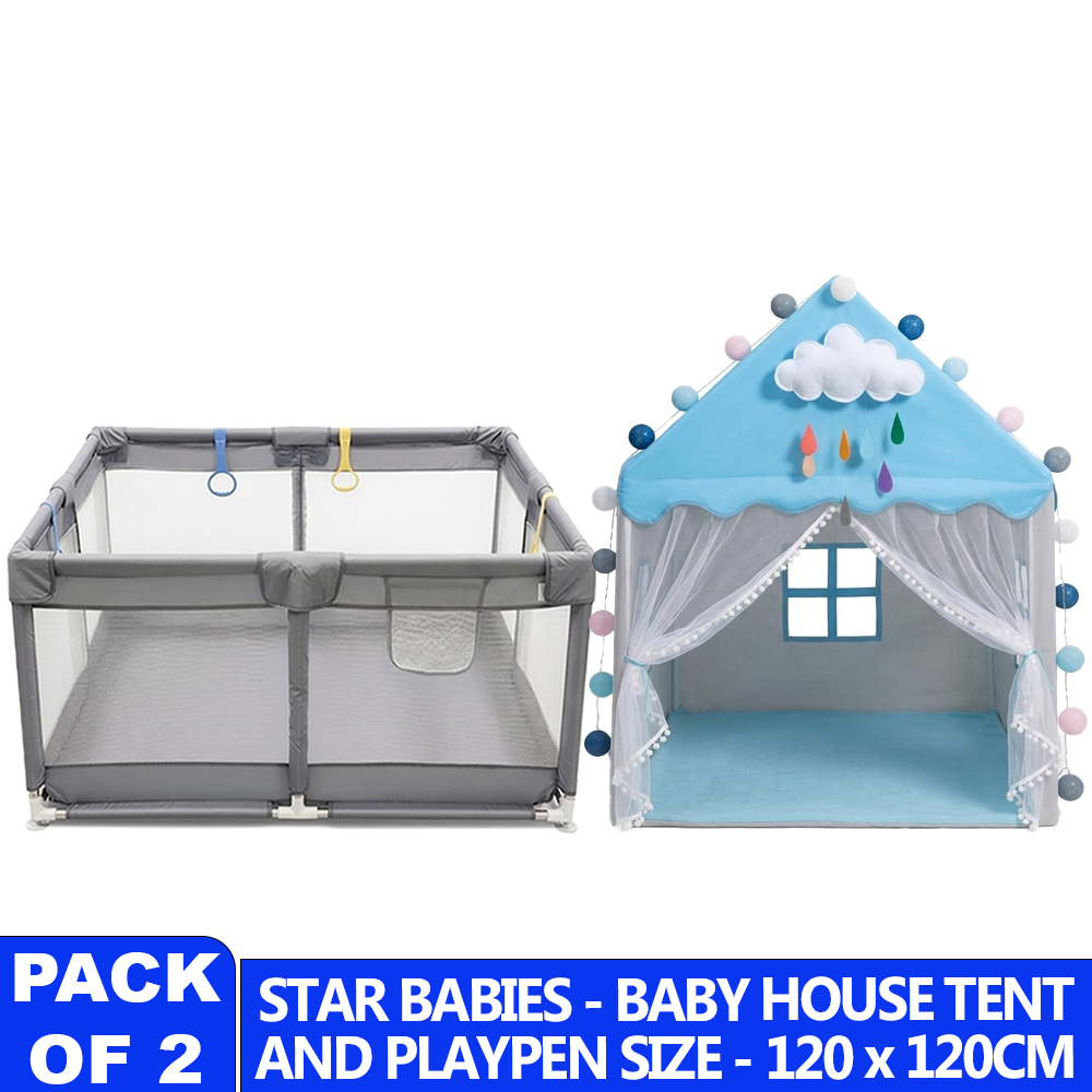 Star Babies - Playpen - 120 x 120 cm - Grey & Kids Tent House Combo
