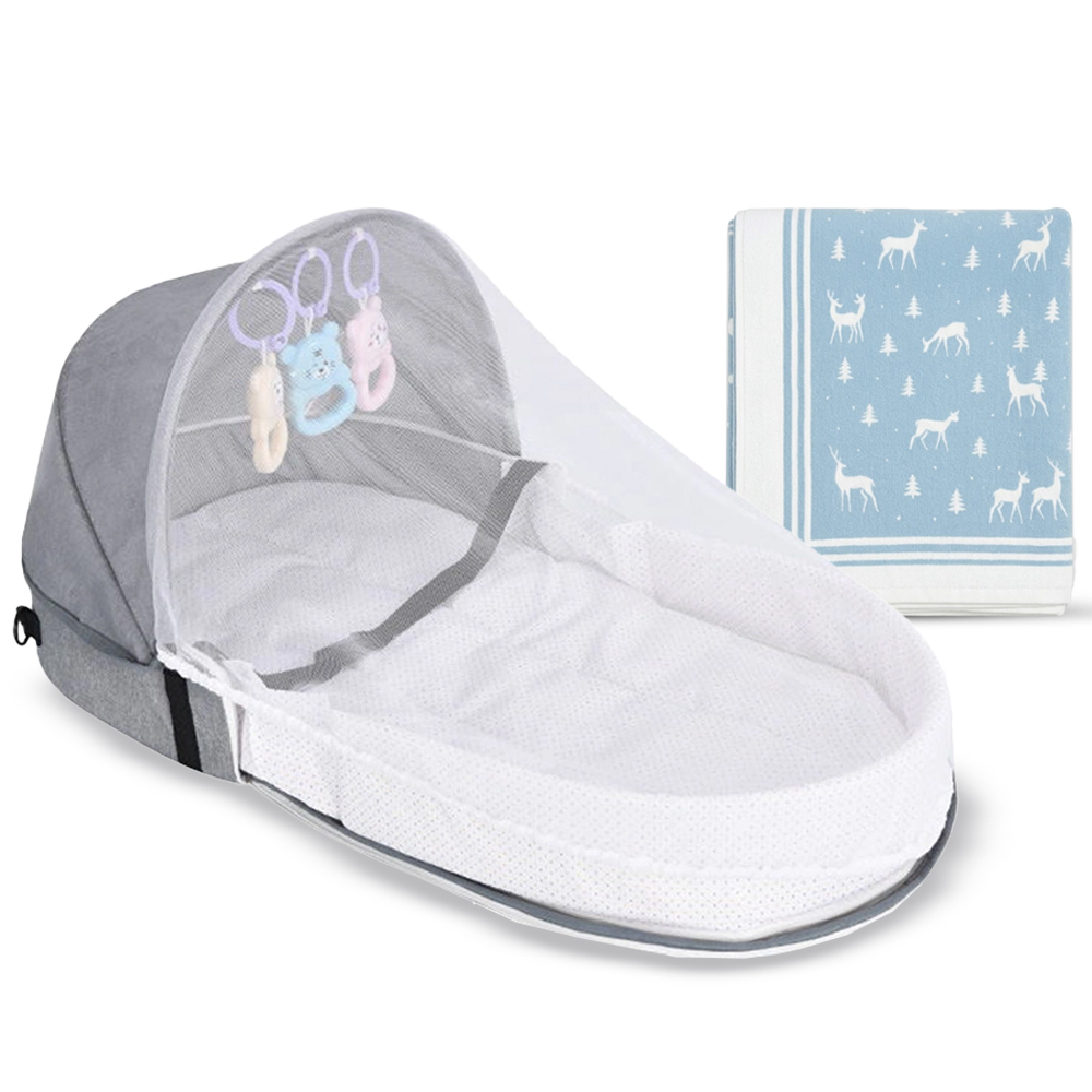 Star Babies - Folding Baby Bed - Grey & Knitted Blanket