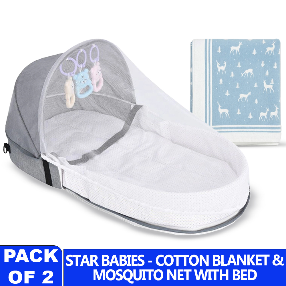 Star Babies - Folding Baby Bed - Grey & Knitted Blanket
