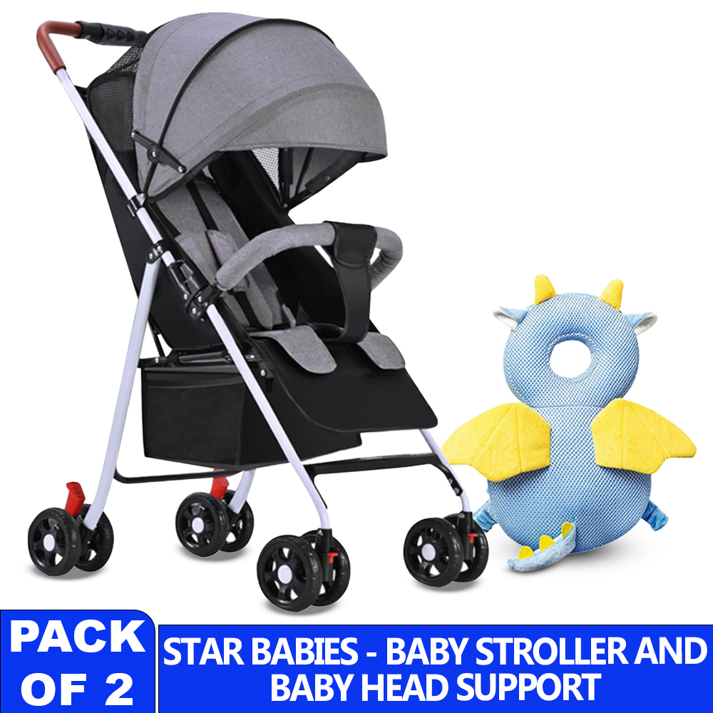 Star Babies - Baby Travel Stroller - Grey & Head Support Combo