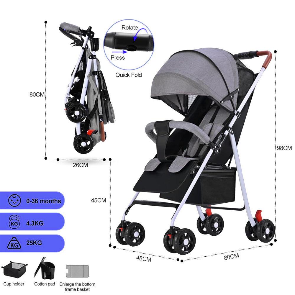 Star Babies - Travel Stroller - Grey & Soft Cushion Combo - Multicolor