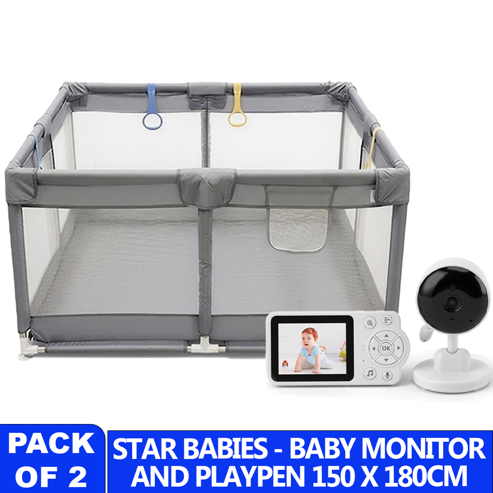 Star Babies - HD Wireless Baby Camera With Screen & Playpen Set - White/Grey - 150x180 cm - 2 Pcs