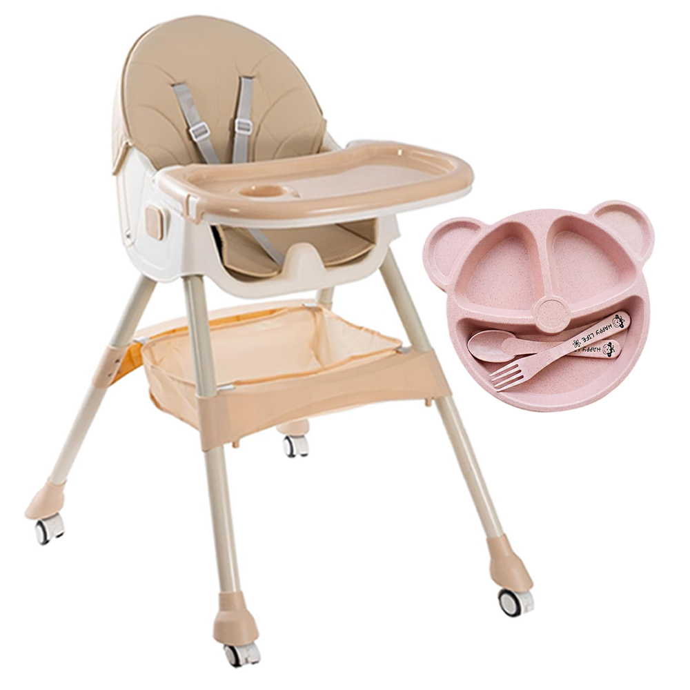 Star Babies - Foldable High Chair With Baby Organic Plate, Spoon & Fork Set - Beige/Pink - 4 Pcs