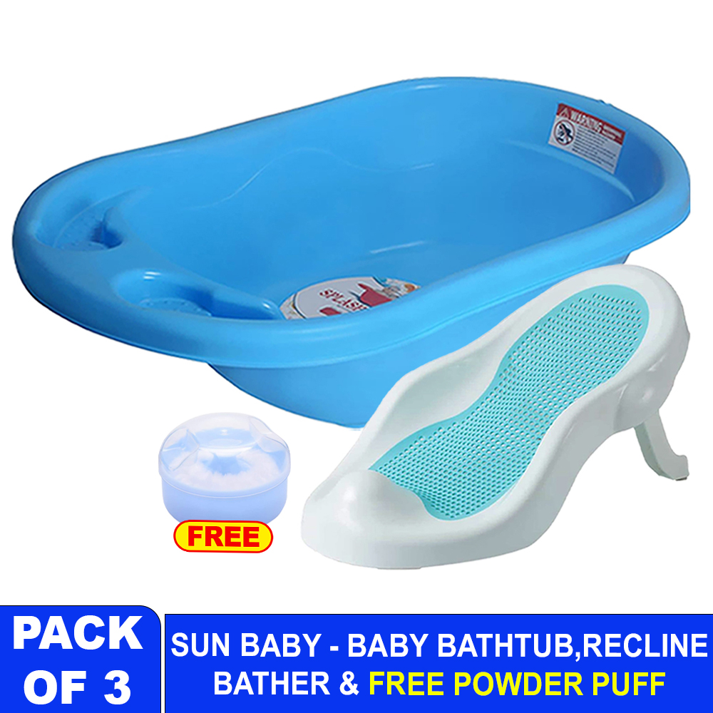 Sunbaby - Splash Baby Bathtub With Baby Bathing Seats & Powder Puff - Blue