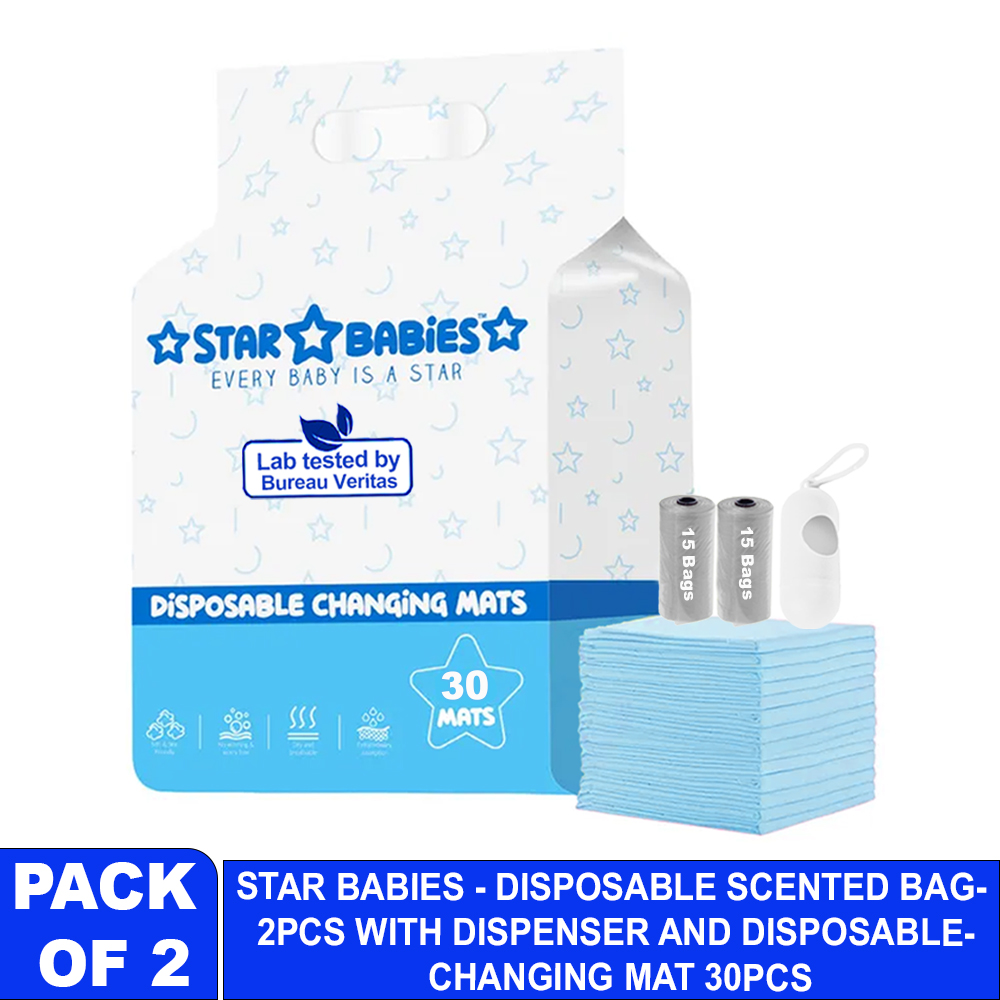 Star Babies - Disposable Changing Mat 30 Pcs With Disposable Scented Nappy Bag 30 Pcs - Blue