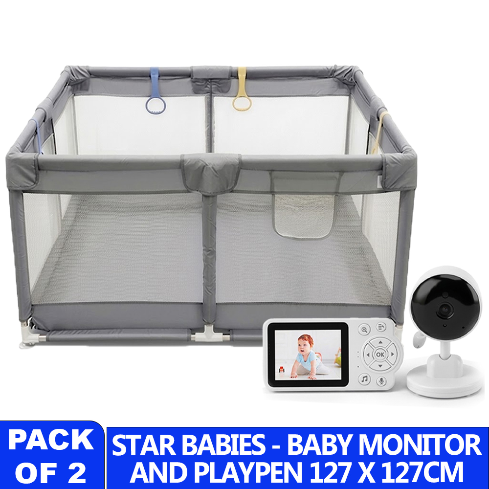 Star Babies - HD Wireless Baby Camera With Screen & Playpen Set - White/Grey - 127x127 cm - 2 Pcs